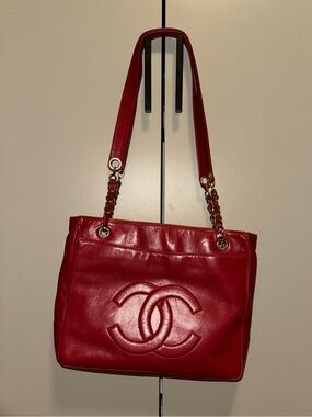 Chanel 90’s Red CC Lambskin Tote with Gold Chain-Detail Straps
